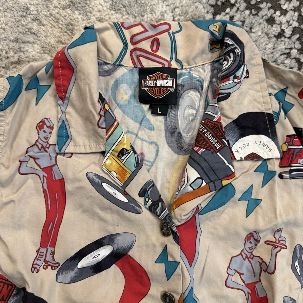 Harley Davidson 50's Hawaiian Tori Richard Motorcycle Top L Vintage USA Made - Picture 2 of 8